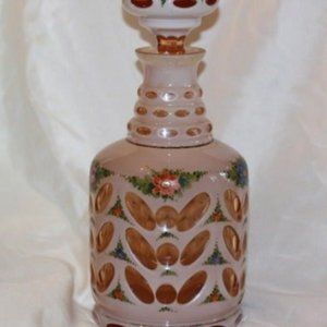 Large Czech Bohemian Pink to Peach Cased Glass Decanter & Stopper LOT 4353